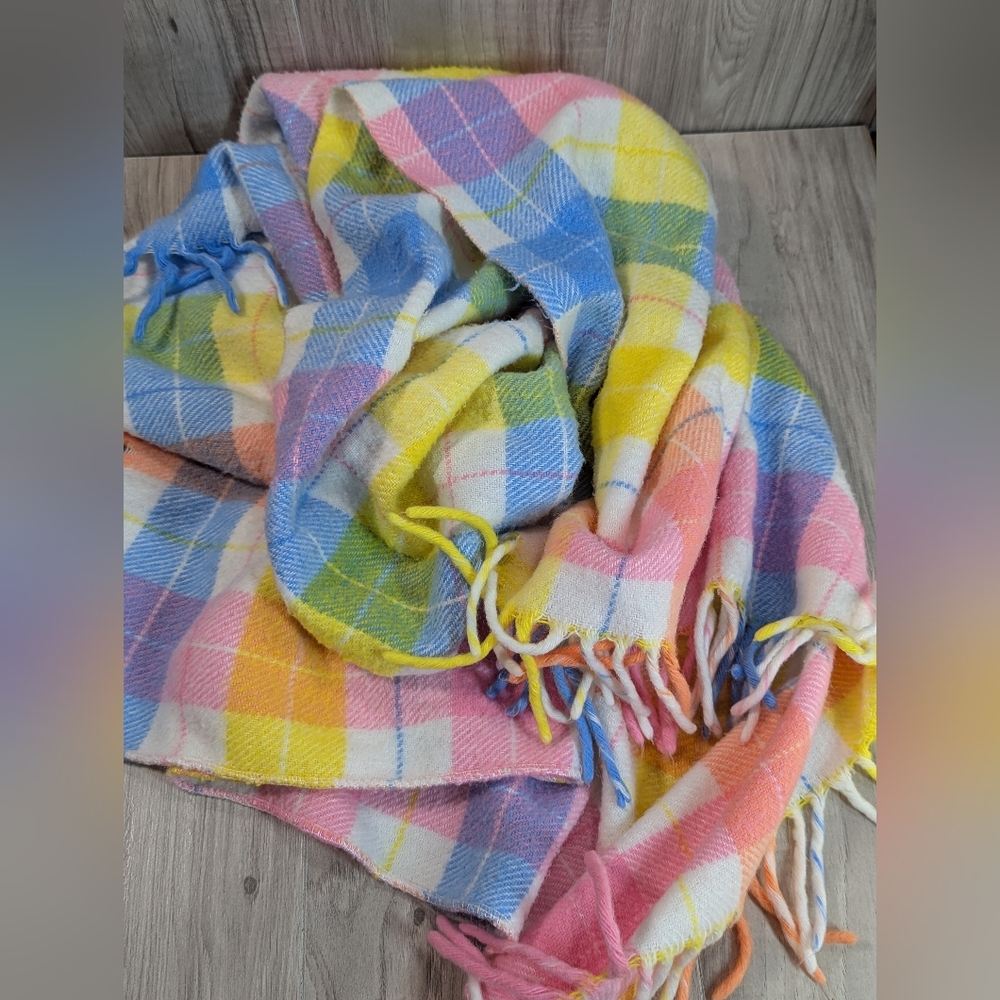 Vtg Tennessee Woolen Mills Pastel Plaid Baby Crib Blanket Fringe Union Made USA